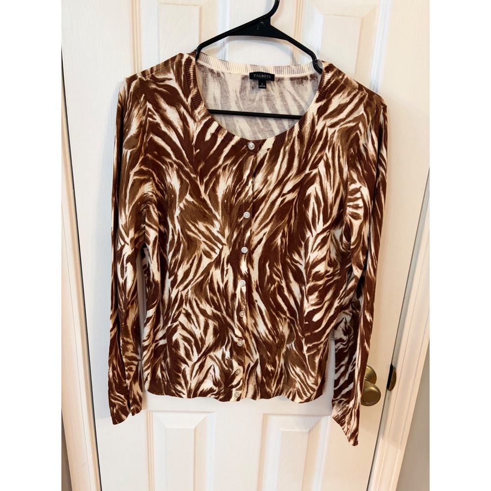 Talbots Cardigan Women Large Brown Cream Abstract Animal Print Button Front Knit